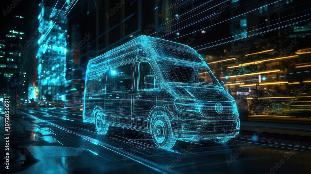 Poster digital urban environment displaying a futuristic wireframe van navigating in vr.