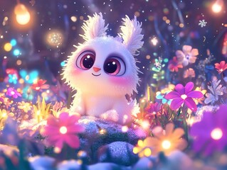 Obraz premium Cute White Bunny in a Magical Garden with Glowing Flowers