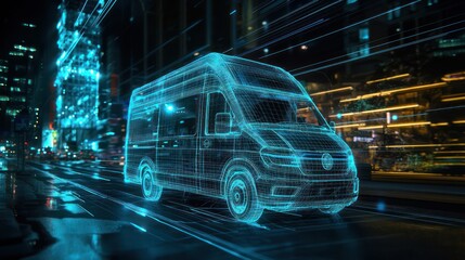 Digital urban environment displaying a futuristic wireframe van navigating in VR.