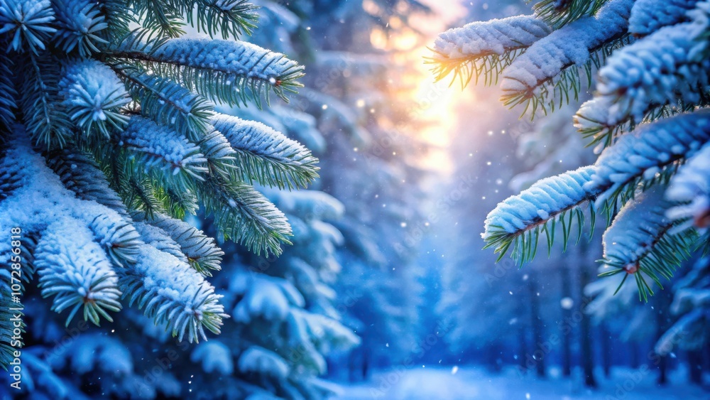 Poster sunlight filters through a snowy evergreen forest, casting a magical glow on the frosted branches.