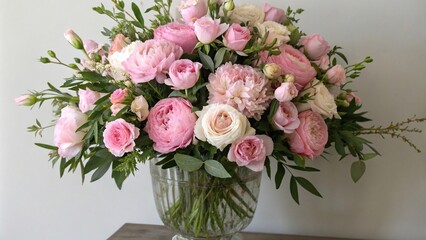 A lush arrangement of fresh pink peonies and roses in a large vase, flower arrangement ideas, blooming, large vase arrangement, roses