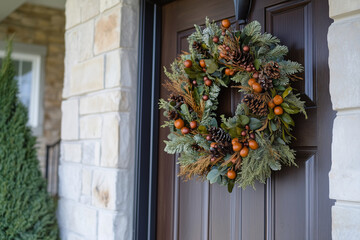wreath of red and green leaves and berries hangs on a black door. The wreath is a festive decoration for the holiday season