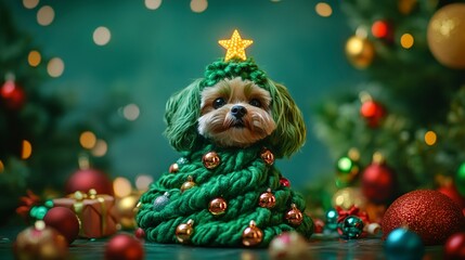 Obraz premium Cute Dog Dressed as a Christmas Tree