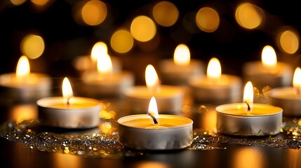 Close-up of burning candles on a dark background with bokeh lights and gold glitter.