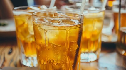 Close-up of three iced tea glasses with straws on a table.