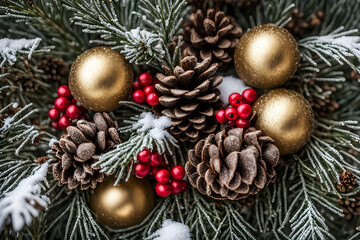 Snow dusted holly berries and pinecones arranged with golden ornaments, Ai Generated 