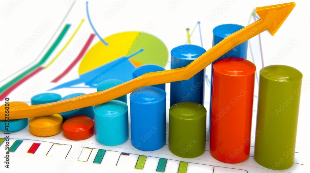Poster colorful 3d bar graph with orange upward arrow showing growth against a background of pie and line c