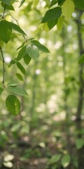 Obraz premium Abstract green leaves with soft focus in a spring forest, calming, peaceful, plant