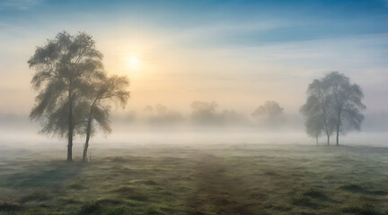 Naklejka premium “Foggy Morning Scene with Dense Mist” – A Mysterious Landscape Depicting a Foggy Morning with Dense Mist on a Plain Background