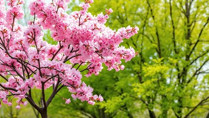 Beautiful spring nature scene featuring a pink blooming tree in full bloom, sunny, bright, peaceful