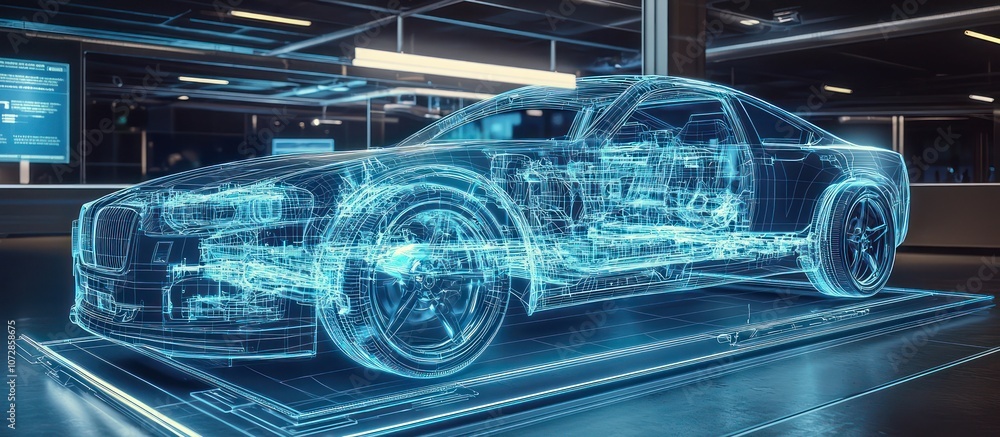 Poster wireframe augmented reality display shows detailed internal mechanics of a car.