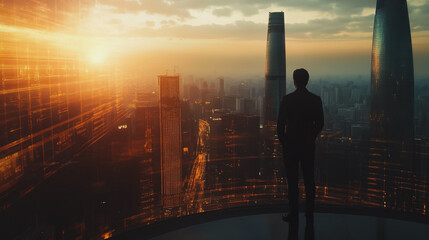 Fototapeta premium Abstract business man stands on the peak of success amid tall, innovative Smart city and graphs with statistics to analyze business potential and predict future developments in company growth.