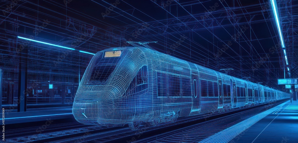 Poster visualizing rapid transit with a modern train in dark blue 3d wireframe at a metro.