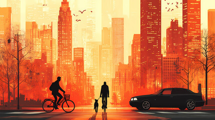 A vector illustration of a city, a car, a pedestrian with a dog, a cyclist, in orange, red, black, and brown on a beige background
