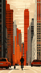 A vector illustration of a city, a car, a pedestrian with a dog, a cyclist, in orange, red, black, and brown on a beige background