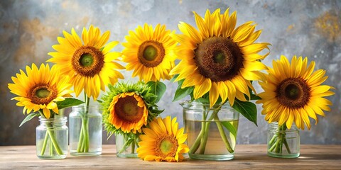 Collection of different sized sunflowers arranged in a vase with greenery and flowers, botanicals, vases, sunflowers, floral decor, greenery