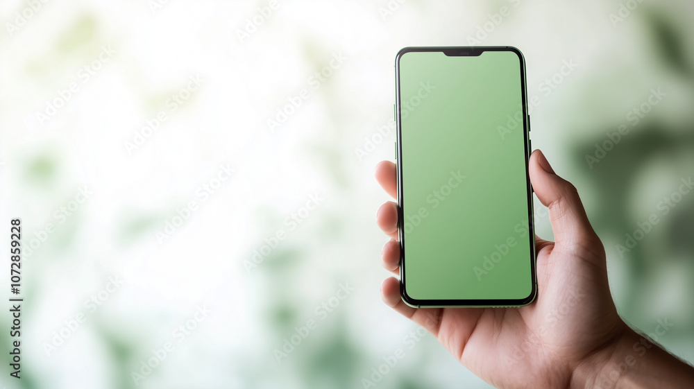 Poster hand holding smartphone with green screen, ideal for presentations and mockups. background is softly