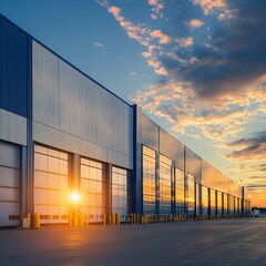 Modern logistics warehouse building structure. Big modern building for storage or logistics centre. Blue sky in the background.