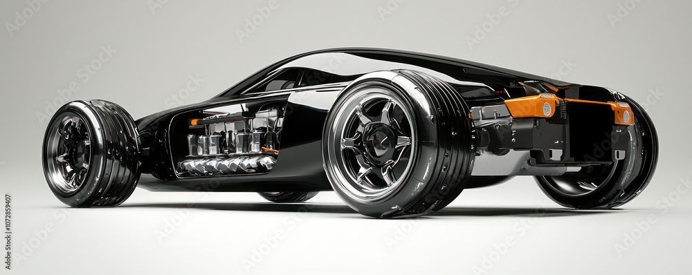 Poster technological showcase of a sleek car's engine and wheels in 3d.
