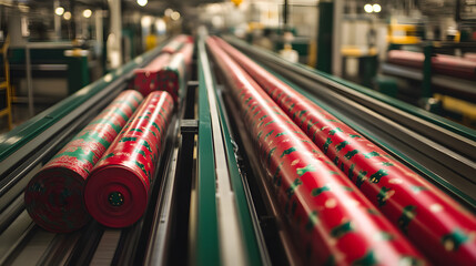 Factory conveyor belts moving freshly printed gift wrap rolls with red and green patterns.
