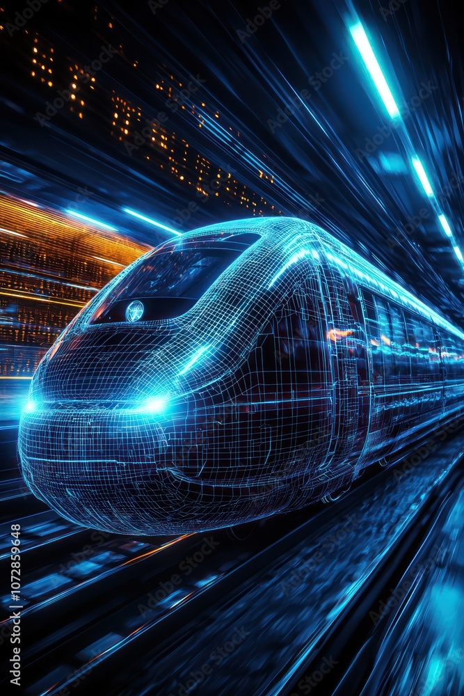 Poster digital setting featuring an advanced wireframe rendering of a futuristic train.