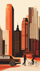 A vector illustration of a city, a car, a pedestrian with a dog, a cyclist, in orange, red, black, and brown on a beige background