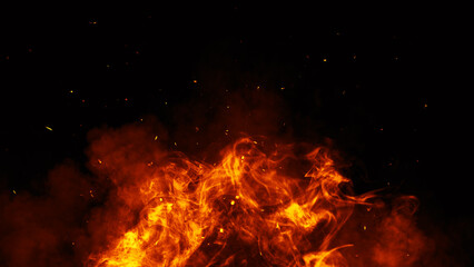 Realistic isolated fire effect for decoration and covering on black background. Concept of particles , sparkles, flame and light.