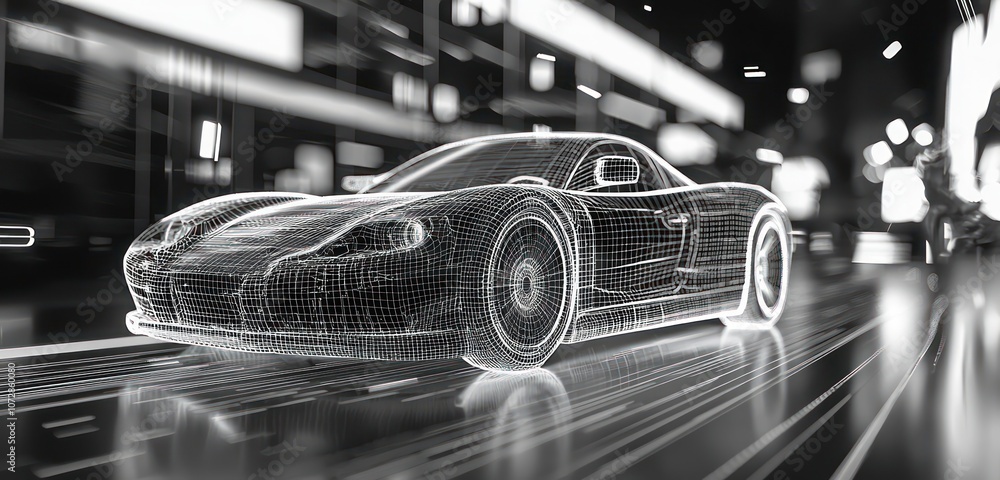 Poster ai-rendered dynamic wireframe model of a car in full motion.