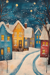Snowy Christmas Night in Cozy Town City Panorama. Winter Landscape and Street View with Falling Snow
