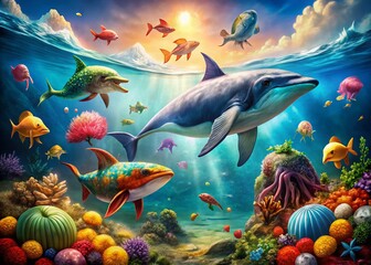 Stunning Double Exposure Collection of Marine Animals Featuring Whale, Shark, Dolphin, Octopus, Clown Fish, Turtle, Starfish, Horse, Hedgehog, Fish, and Jellyfish