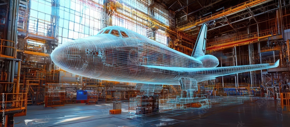 Poster wireframe space shuttle visualized in pre-launch phase within a high-tech ar aerospace display.