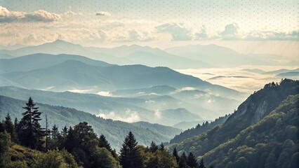 Obraz premium Misty mountain landscape with light gradient halftone dots grunge wide background, fog, scenery, landscape, distance, vastness