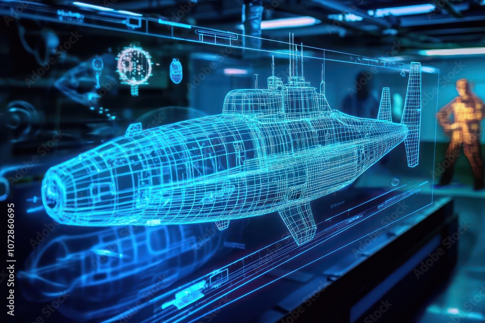 Poster ar deep-sea exploration with a wireframe submarine navigating digitally rendered waters.