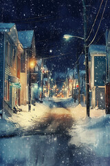 Snowy Christmas Night in Cozy Town City Panorama. Winter Landscape and Street View with Falling Snow