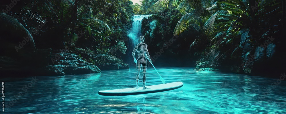 Poster augmented reality showcases a wireframe paddleboard navigating a virtual reality tropical lagoon.