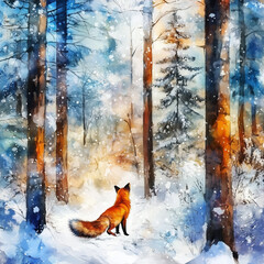Watercolor Winter Landscape with Fox in Forest Among Tall Trees. Creative Outdoor Scene for Postcard