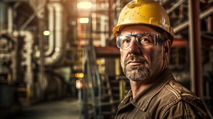 A close-up of a man in a hard hat and safety glasses looking intently at something off-camera.