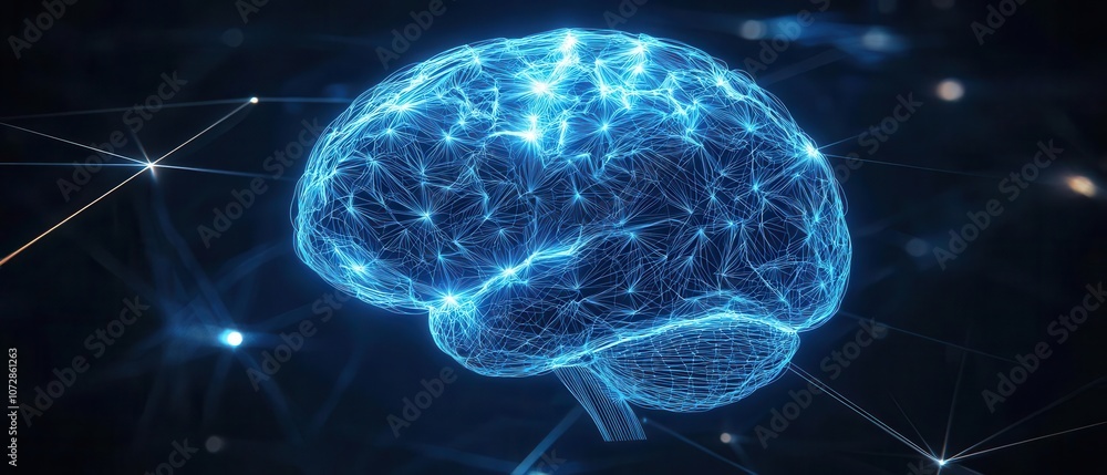 Poster a futuristic representation of a brain with glowing neural connections
