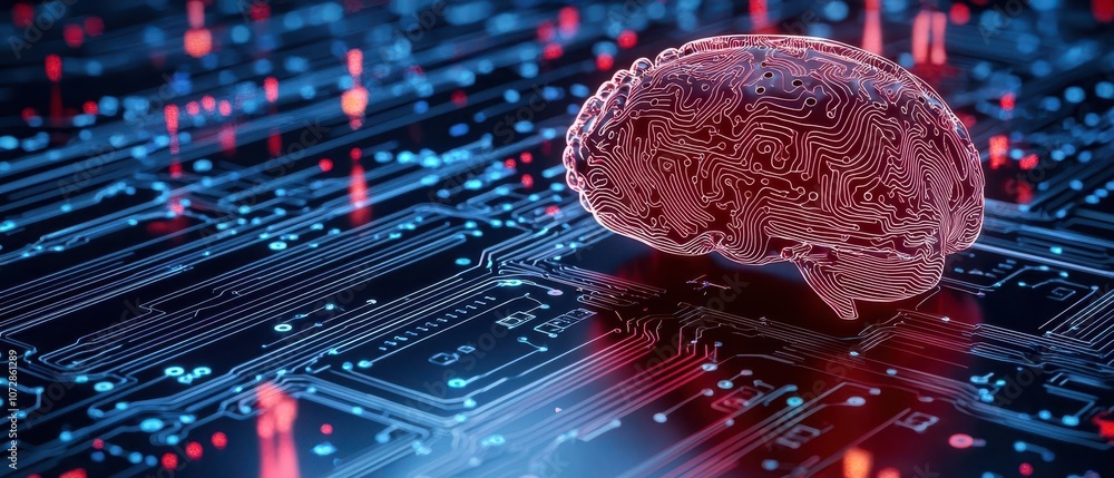 Poster a conceptual image of a brain overlaying a digital circuit board