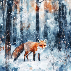 Watercolor Winter Landscape with Fox in Forest Among Tall Trees. Creative Outdoor Scene for Postcard