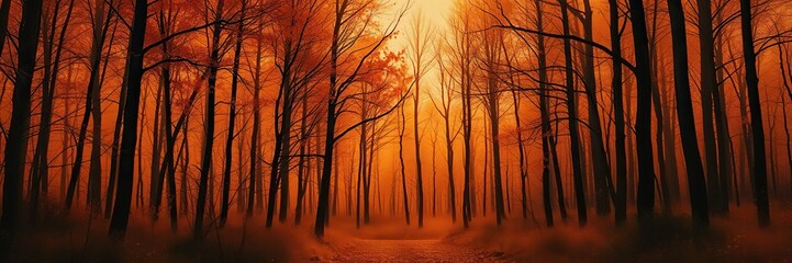 Fototapeta premium Soft orange to deep black watercolour gradient evoking an atmosphere of a spooky and abandoned forest during autumn months, abandoned forest, dark