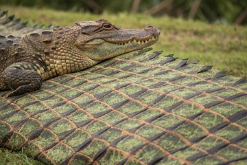 Obraz premium an alligator's skin is depicted in a seamless fabric with a mottled brown and green color scheme, prehistoric design, reptilian, scaly texture, herpetological, wildlife print