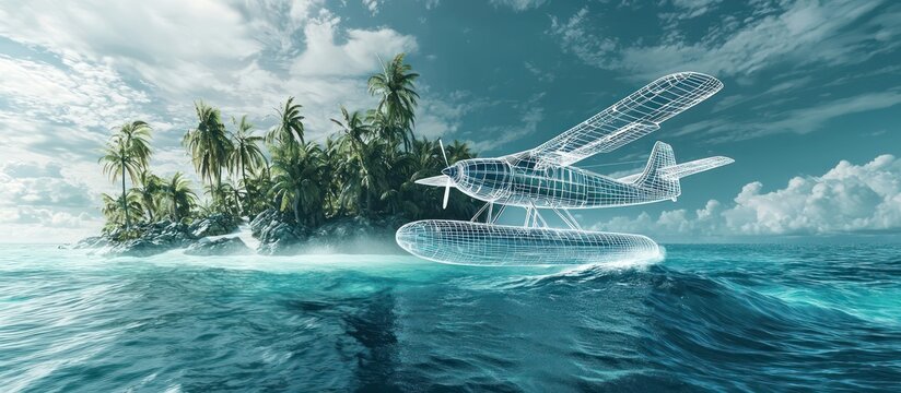 AR visualization of a wireframe seaplane departing from a digital tropical island.