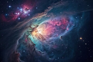 Obraz premium An otherworldly nebula with vibrant colors and swirling gas clouds against a dark blue background, interstellar medium, space