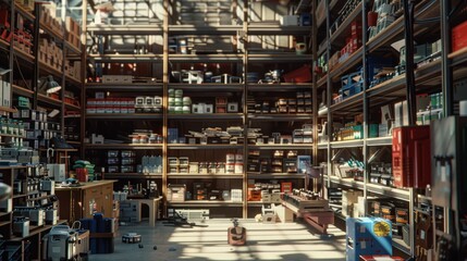 Fototapeta premium A cluttered warehouse with shelves stocked with various items.