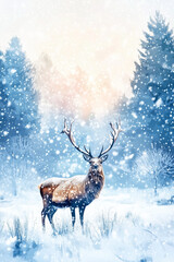 Watercolor Winter Landscape with Fox in Forest Among Tall Trees. Creative Outdoor Scene for Postcard
