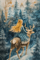 Little Girl with Red Hair Ride on Back of Reindeer Through Forest. Cute Fabulous Childish Fairy Story Illustration