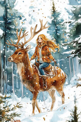 Little Girl with Red Hair Ride on Back of Reindeer Through Forest. Cute Fabulous Childish Fairy Story Illustration