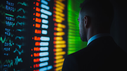 Abstract business man stands on the peak of success amid tall, innovative Smart city and graphs with statistics to analyze business potential and predict future developments in company growth.