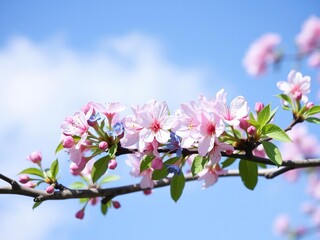 Obraz premium Blossoming tree branch with pink and blue flowers against a blue sky background, vibrant, colorful